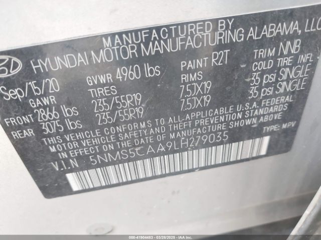 5NMS5CAA9LH279035 Hyundai Santa Fe Limited 2.0t