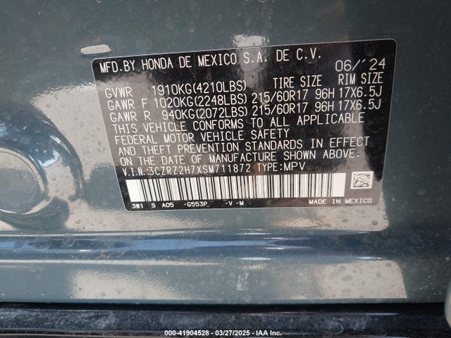 3CZRZ2H7XSM711872 Honda Hr-v Awd Ex-l
