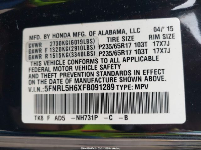5FNRL5H6XFB091289 Honda Odyssey Ex-l