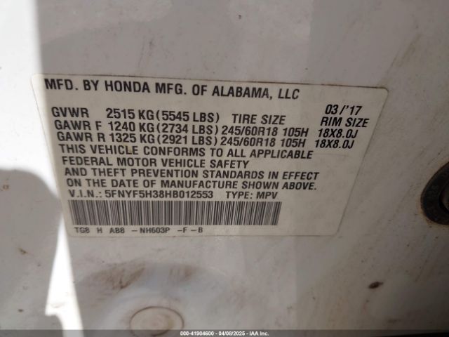 5FNYF5H38HB012553 Honda Pilot Ex