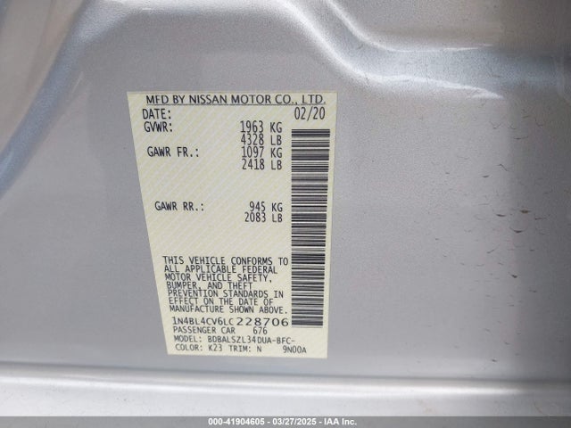 1N4BL4CV6LC228706 Nissan ALTIMA SR