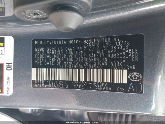 2T1BURHE0KC204548 Toyota COROLLA SE