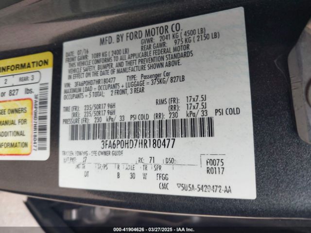 2017 FORD FUSION 3FA6P0HD7HR180477 Photo 8
