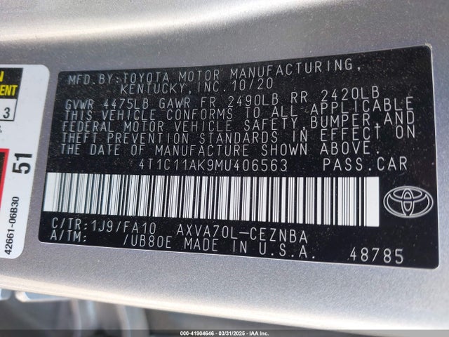 4T1C11AK9MU406563 Toyota CAMRY LE