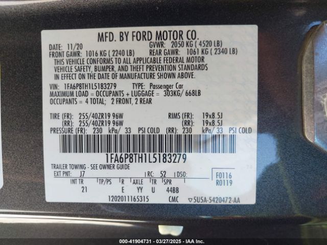 1FA6P8TH1L5183279 Ford Mustang Ecoboost Fastback