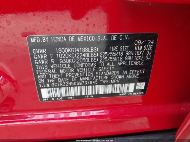 3CZRZ2H50SM737945 Honda Hr-v Awd Sport
