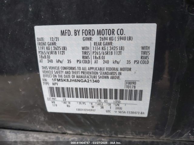 1FMSK8JH6NGA21340 Ford Explorer Timberline