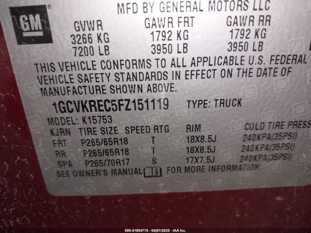 1GCVKREC5FZ151119 Chevrolet Silverado 1500 1lt