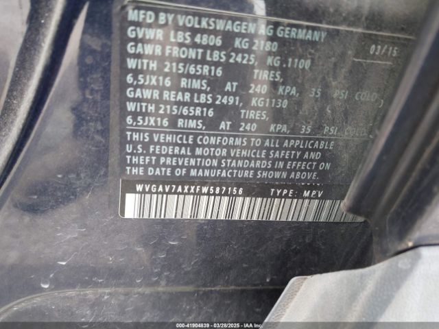 WVGAV7AXXFW587156 Volkswagen TIGUAN S