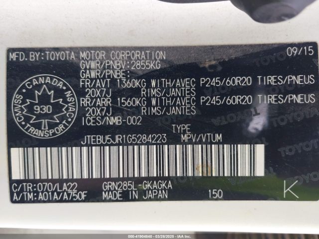 JTEBU5JR1G5284223 Toyota 4RUNNER SR5