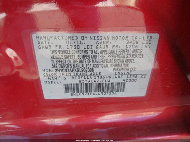 3N1CN7APXGL907308 Nissan Versa 1.6 S+