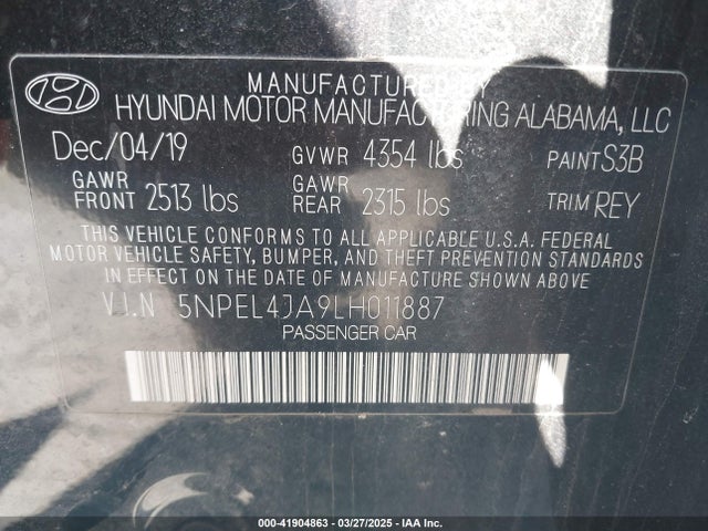 5NPEL4JA9LH011887 Hyundai SONATA SEL