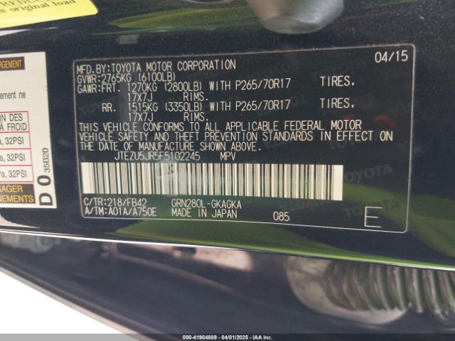 JTEZU5JR5F5102245 Toyota 4RUNNER SR5