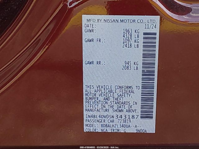 1N4BL4DV0SN343187 Nissan Altima Sv Fwd