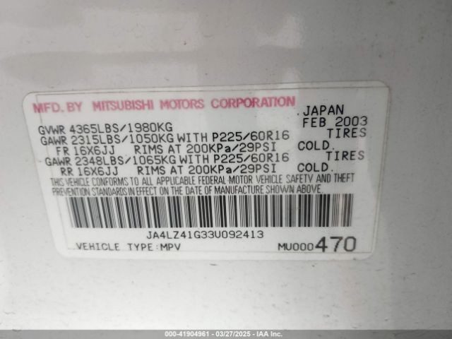 2003 MITSUBISHI OUTLANDER JA4LZ41G33U092413 Photo 8