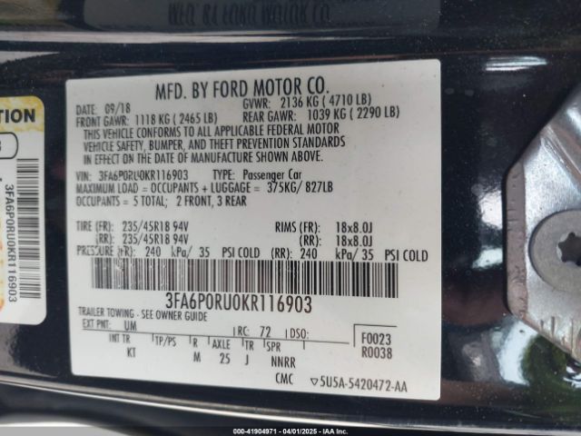 3FA6P0RU0KR116903 Ford Fusion Hybrid Titanium
