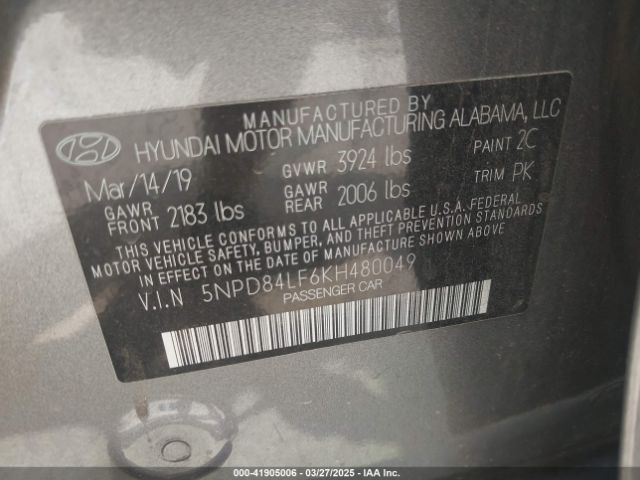 5NPD84LF6KH480049 Hyundai ELANTRA SEL