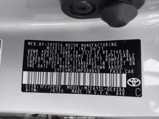 5YFS4MCE6MP088849 Toyota COROLLA SE