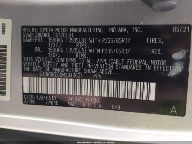 5TDKRKEC9MS043624 Toyota SIENNA LE