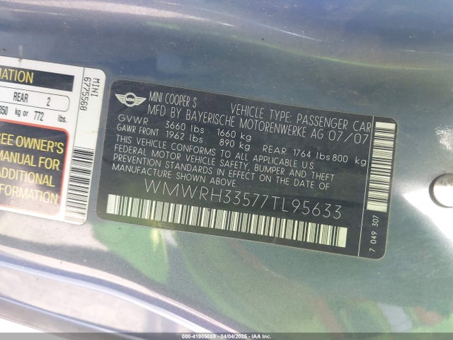 2007 MINI COOPER S WMWRH33577TL95633 Photo 8