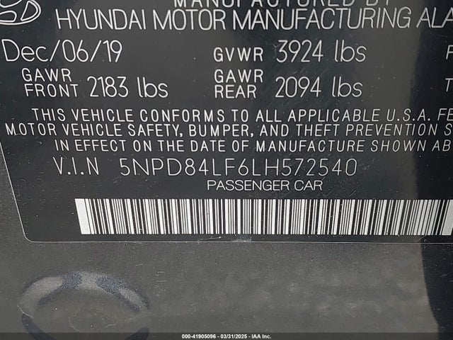 5NPD84LF6LH572540 Hyundai ELANTRA SEL