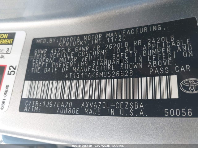 4T1G11AK6MU526628 Toyota CAMRY SE