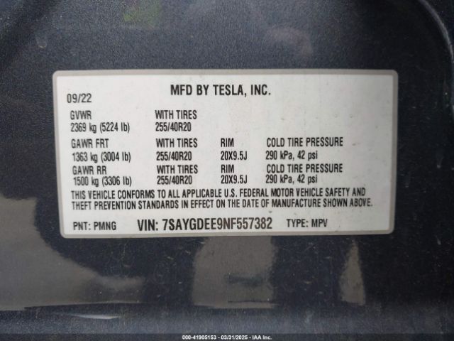 7SAYGDEE9NF557382 Tesla Model Y Long Range Dual Motor All-wheel Drive