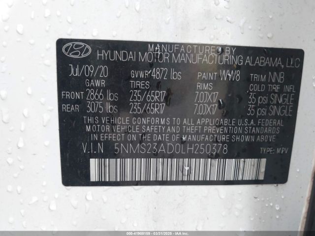 5NMS23AD0LH250378 Hyundai Santa Fe Se