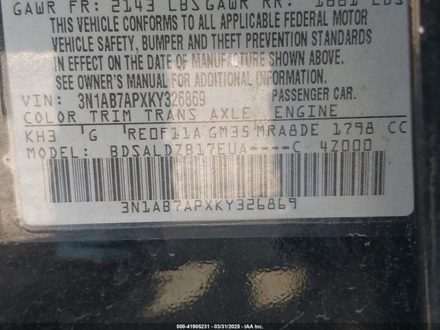 3N1AB7APXKY326869 Nissan SENTRA SV