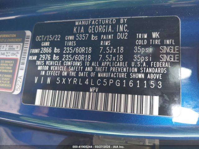 5XYRL4LC5PG161153 KIA SORENTO S