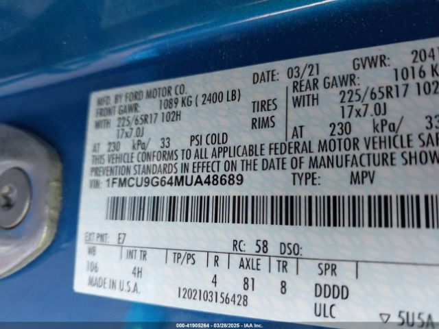 1FMCU9G64MUA48689 Ford ESCAPE SE