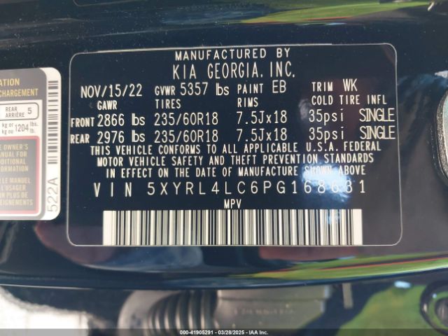 5XYRL4LC6PG168631 KIA SORENTO S