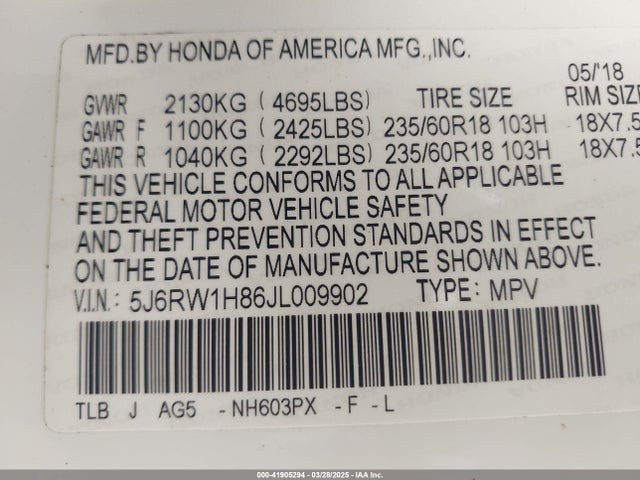 5J6RW1H86JL009902 Honda Cr-v Ex-l/ex-l Navi