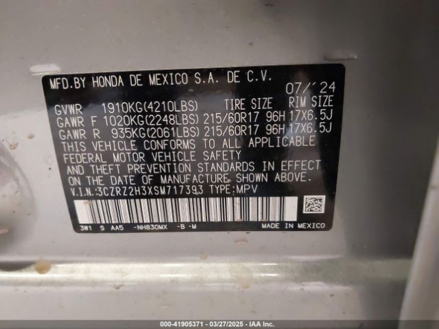 3CZRZ2H3XSM717393 Honda Hr-v Awd Lx