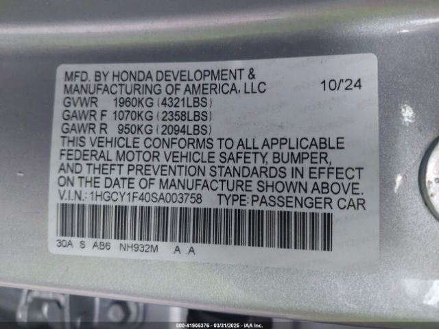 1HGCY1F40SA003758 Honda ACCORD SE