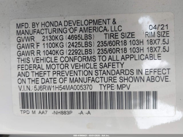 5J6RW1H54MA005370 Honda l15be