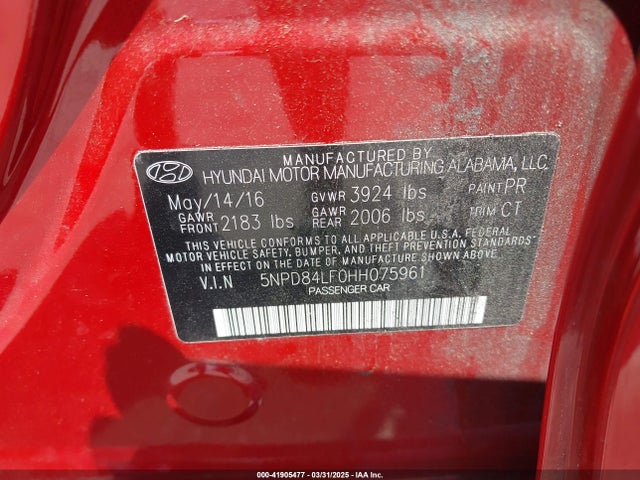 5NPD84LF0HH075961 Hyundai Elantra Limited