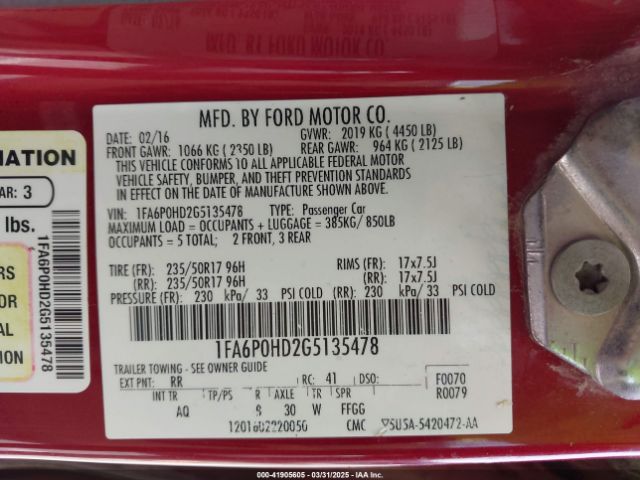 1FA6P0HD2G5135478 Ford FUSION SE