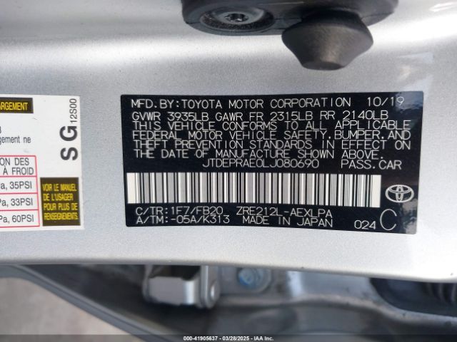 JTDEPRAE0LJ080690 Toyota COROLLA LE