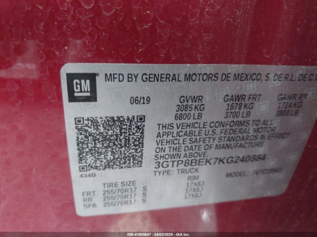 3GTP8BEK7KG240884 GMC Sierra 1500 Sle