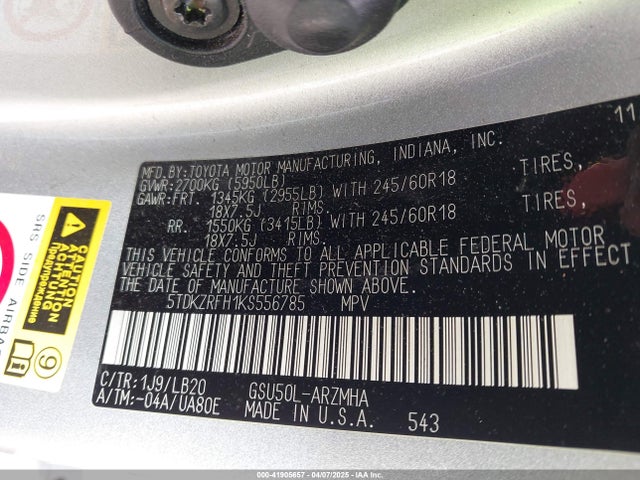 5TDKZRFH1KS556785 Toyota Highlander Xle