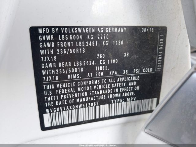 WVGUV7AX0HW512062 Volkswagen Tiguan 2.0t Sport