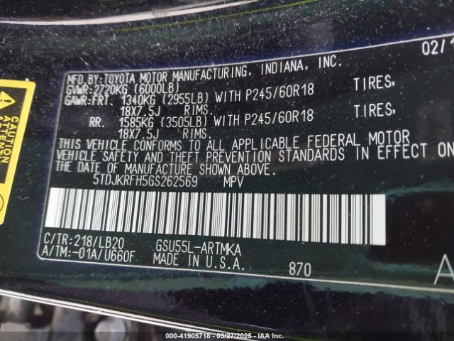 5TDJKRFH5GS262569 Toyota Highlander Xle V6