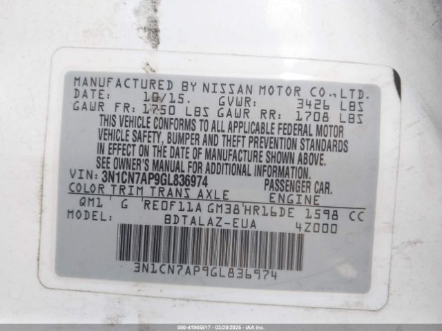 3N1CN7AP9GL836974 Nissan Versa 1.6 S+