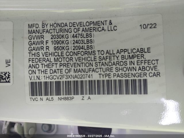 1HGCV2F3XNA020741 Honda Accord Sport 2.0t