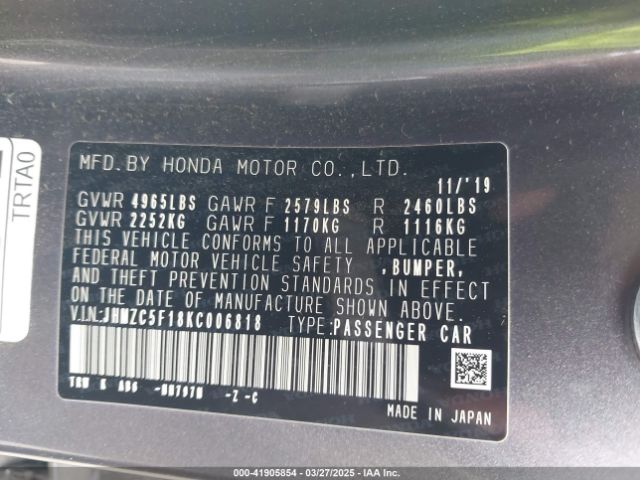 JHMZC5F18KC006818 Honda CLARITY PLUG-IN HYBRID