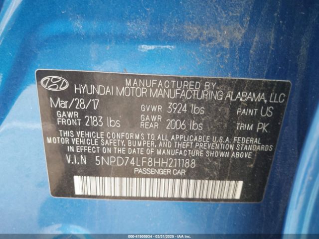 5NPD74LF8HH211188 Hyundai ELANTRA SE
