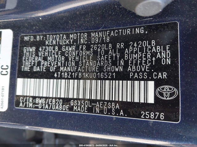 4T1BZ1FB1KU016521 Toyota 2gr-fks