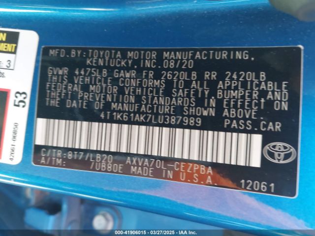 4T1K61AK7LU387989 Toyota CAMRY XSE
