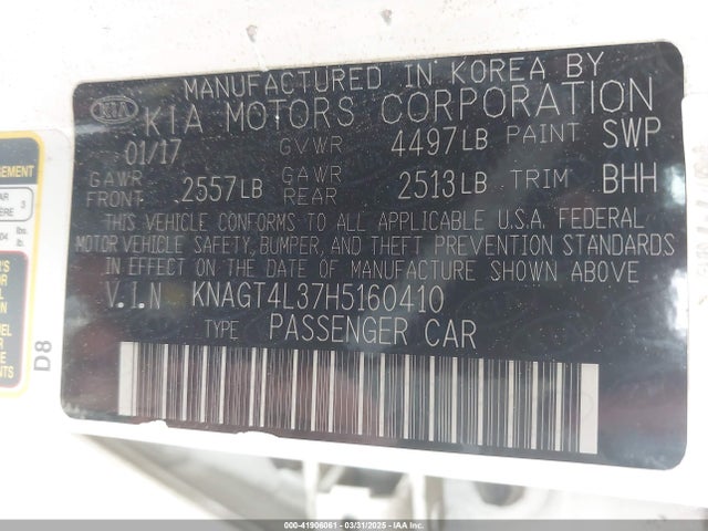 KNAGT4L37H5160410 KIA Optima Lx